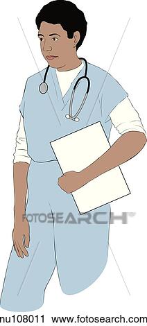 Clip Art - Standing health care professional (nurse) wearing stethoscope and hospital scrubs is shown carrying a clipboard.. Fotosearch