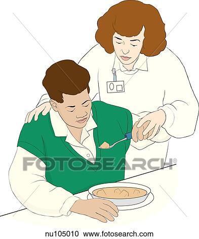Standing nurse assists seated patient with eating. Nurse helps patient hold spoon and guides towards mouth. View Large Illustration Clipart - Standing nurse assists seated patient with eating. Nurse helps patient hold spoon and guides towards mouth.. Fotosearch