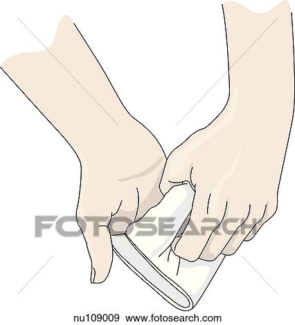 Third step in formation of mitt from washcloth. Cloth has already been folded over hand in thirds. In this image the loose end is tucked in enclosing fingers. View Large Illustration Stock Illustration - Third step in formation of mitt from washcloth. Cloth has already been folded over hand in thirds. In this image the loose end is tucked in enclosing fingers.. Fotosearch