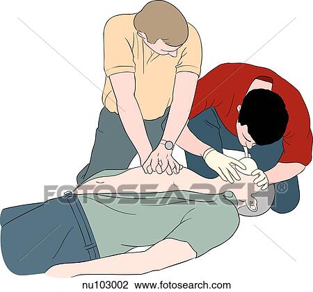 Drawing - Two men performing CPR on prone male.. Fotosearch