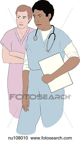 Clipart - Two person healthcare team standing together. Woman in front wears stethoscope and hospital scrubs, and is carrying a clipboard.. Fotosearch