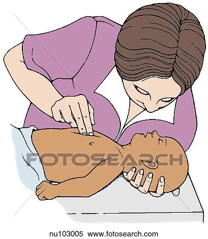 woman administering CPR to baby. Her left hand holds child's head while her right palpates chest. View Large Illustration Stock Illustration - woman administering CPR to baby. Her left hand holds child's head while her right palpates chest.. Fotosearch
