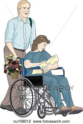 Woman in wheelchair holding newborn being pushed by a man who also carries basket of flowers. View Large Illustration Drawing - Woman in wheelchair holding newborn being pushed by a man who also carries basket of flowers.. Fotosearch