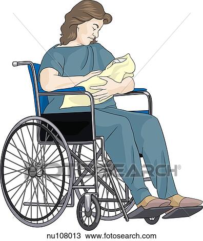 Drawing - Woman in wheelchair holding newborn baby.. Fotosearch