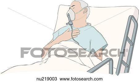 年配の男 で 酸素マスク 病院ベッドで横になる 中に Pain スケッチ Nu Fotosearch