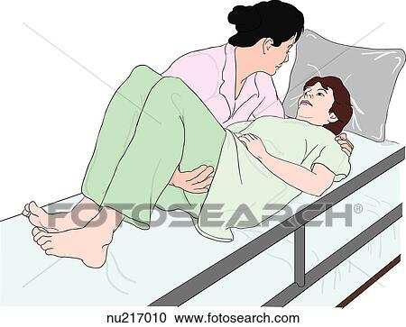 看護婦 傾く 上に うつ伏せである 患者 支持 患者の 肩 そして Thighs クリップアート 切り張り イラスト 絵画 集 Nu217010 Fotosearch
