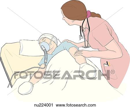 看護婦 傾く 上に 包帯をされた 患者 で 腕の手 そして 肩 から評価しなさい レベル の Consciousness クリップアート Nu Fotosearch