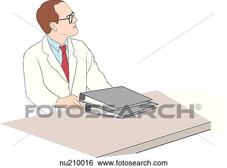 Stock Illustration - A health care professional wearing a lab coat and tie sits at a desk with notebooks.. Fotosearch
