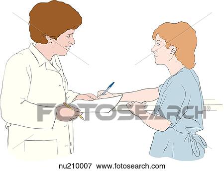 Stock Illustration - A nurse holding patient documentation conferring with another member of health care staff.. Fotosearch