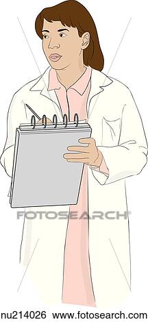 A nurse, standing, writing into chart. View Large Illustration Stock Illustration - A nurse, standing, writing into chart.. Fotosearch