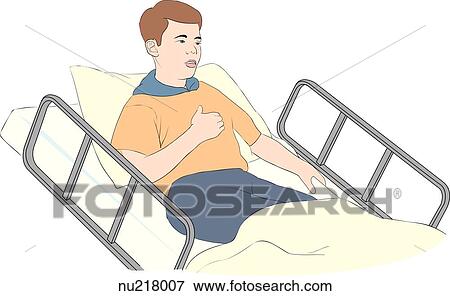 Stock Illustration - A sick boy in a hospital bed places his right hand upon his chest.. Fotosearch