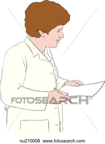 A smiling health care professional (nurse) in a lab coat shown from the waist up, standing, holding a piece of paper and a pen. View Large Illustration Stock Illustration - A smiling health care professional (nurse) in a lab coat shown from the waist up, standing, holding a piece of paper and a pen.. Fotosearch