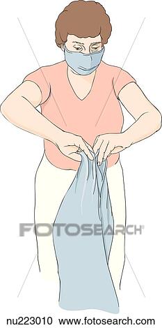 Clipart - Anterior view of nurse sliding arms out of gown.. Fotosearch
