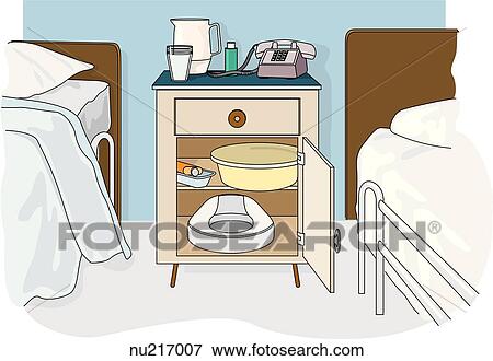 Bed table in hospital room equipped with supplies for patient including telephone and water pitcher. View Large Illustration Stock Illustration - Bed table in hospital room equipped with supplies for patient including telephone and water pitcher.. Fotosearch