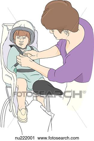 child being securely fastened into bike seat on back of bicycle by mother. Child is wearing a bicycle helmet. View Large Illustration Clip Art - child being securely fastened into bike seat on back of bicycle by mother. Child is wearing a bicycle helmet.. Fotosearch