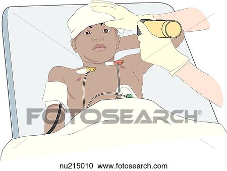 Child in hospital bed shown from waist up with compress, blood pressure cuff, and monitor pads. Gloved hands of health care professional (nurse) shown holding light and opening eye for eye exam. View Large Illustration Clipart - Child in hospital bed shown from waist up with compress, blood pressure cuff, and monitor pads. Gloved hands of health care professional (nurse) shown holding light and opening eye for eye exam.. Fotosearch