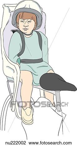 Drawing -  child wearing a bicycle helmet sitting on a bike.. Fotosearch