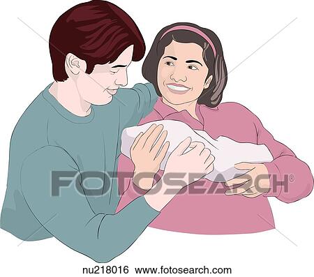 Stock Illustration - Close-up of happy faces of parents holding newborn.. Fotosearch