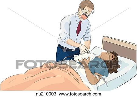 Doctor wearing face shield and mask performs emergency tracheostomy on female patient. View Large Illustration Drawing - Doctor wearing face shield and mask performs emergency tracheostomy on female patient.. Fotosearch