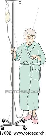 Elderly female patient wearing robe walking and pushing IV stand. View Large Illustration Drawing - Elderly female patient wearing robe walking and pushing IV stand.. Fotosearch