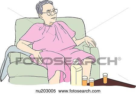 Elderly woman at home, seated in comfortable chair. Bottles of medication on table nearby. View Large Illustration Stock Illustration - Elderly woman at home, seated in comfortable chair. Bottles of medication on table nearby.. Fotosearch