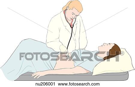 Female nurse auscultating a female patient's abdomen. View Large Illustration Clip Art - Female nurse auscultating a female patient's abdomen.. Fotosearch