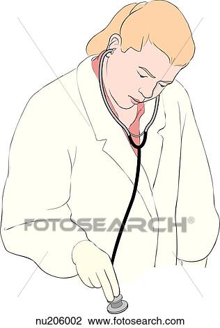 Female nurse auscultating with a stethoscope. View Large Illustration Drawing - Female nurse auscultating with a stethoscope.. Fotosearch