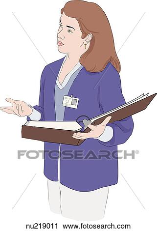 Clip Art - Female nurse holding 3-ring binder while explaining something.. Fotosearch