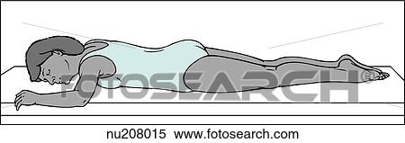Female patient lies on abdomen with head turned ot side for comfort. Arms are held above head, legs are extended. View Large Illustration Stock Illustration - Female patient lies on abdomen with head turned ot side for comfort. Arms are held above head, legs are extended.. Fotosearch
