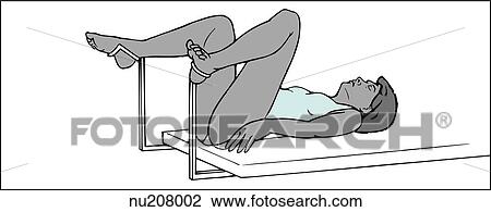 Female patient lies on back with knees high. Legs are well separated, thighs are acutely flexed. Client's feet are in stirrups. View Large Illustration Drawing - Female patient lies on back with knees high. Legs are well separated, thighs are acutely flexed. Client's feet are in stirrups.. Fotosearch