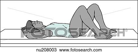 Drawing - Female patient lies on back with knees flexed and soles of feet flat on bed. Arms are above head.. Fotosearch
