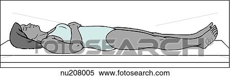 Female patient lies on back with legs extended. Arms are folded on chest. View Large Illustration Stock Illustration - Female patient lies on back with legs extended. Arms are folded on chest.. Fotosearch