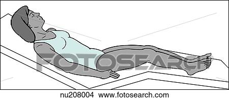 Stock Illustration - Female patient lying on back in adjustable (Gatch) bed. Bed is raised under head and knees.. Fotosearch