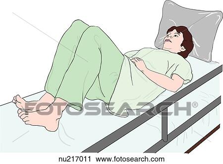 Clip Art - Female patient lying prone in bed with knees bent.. Fotosearch