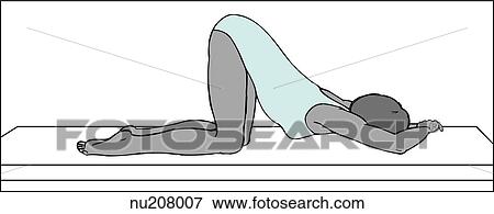 Stock Illustration - Female patient positioned on knees with chest resting on bed. Elbows rest on bed with arms above head. Thighs are straight up and down, lower legs flat on bed, buttocks high to expose rectal and genital area.. Fotosearch