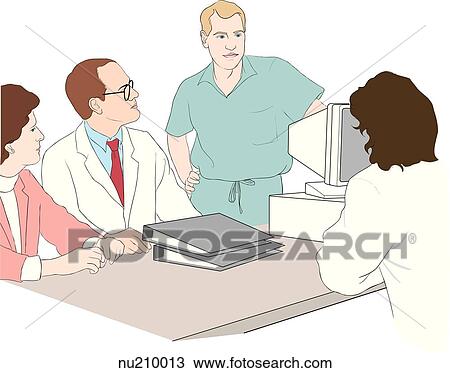 Drawing - Four health care professionals around a desk with a computer and notebooks.. Fotosearch