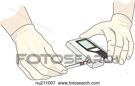 Stock Illustration - Gloved hands of health care professional place strip into meter.. Fotosearch