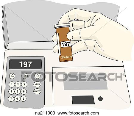 Hand holding vial shows that code number on vial matches that on monitor screen. View Large Illustration Drawing - Hand holding vial shows that code number on vial matches that on monitor screen.. Fotosearch