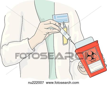 Stock Illustration - Hand of nurse shown disposing of syringe in biohazard waste container.. Fotosearch