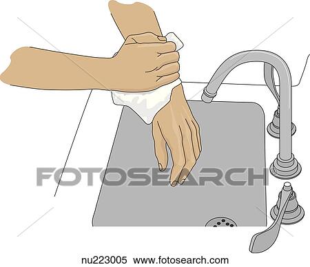 Hands are dried with paper towel, moving from hands up towards forarms. View Large Illustration Stock Illustration - Hands are dried with paper towel, moving from hands up towards forarms.. Fotosearch