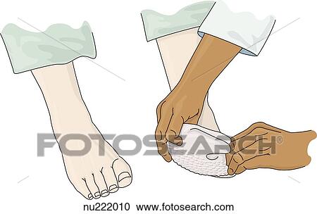 Hands are shown putting a non-skid slipper onto left foot. View Large Illustration Clipart - Hands are shown putting a non-skid slipper onto left foot.. Fotosearch