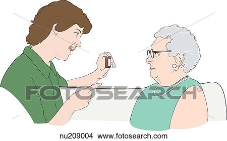 Health care professional holding pill bottle, giving instructions to elderly woman while seated on couch. View Large Illustration Stock Illustration - Health care professional holding pill bottle, giving instructions to elderly woman while seated on couch. . Fotosearch