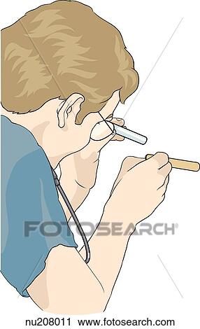 Clip Art - Health care professional holding tongue depressor and small light leans forward as if to perform an oral examination.. Fotosearch