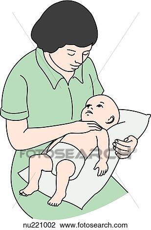 Drawing - Health care professional (therapist) holds infant on lap. Baby rests on its back, on pillow, head elevated by therapist's elbow. Therapist's cupped hand rests on infant's chest (on apical segment of left upper lobe).. Fotosearch