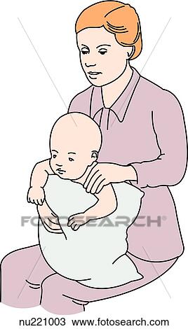 Drawing - Health care professional (therapist) holds infant upright on lap, pillow supporting baby's body. Therapist's cupped hand rests on infant's back (on posterior segment of left upper lobe).. Fotosearch