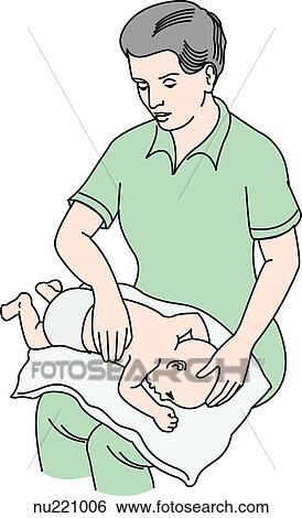 Stock Illustration - Health care professional (therapist) holds infant across lap. Baby rests on its stomach on pillow, head lowered slightly. Therapist's cupped hand rests on infant's side (on posterior basal segment of right lower lobe).. Fotosearch