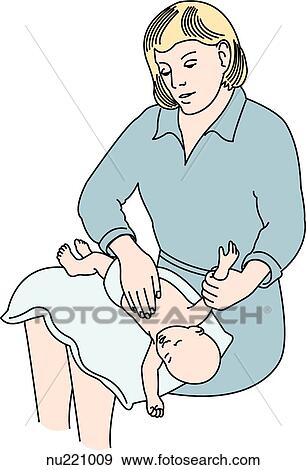 Health care professional (therapist) holds infant across lap. Baby rests on its back on pillow, arms raised. Therapist's cupped hand rests on infant's chest (on medial and lateral segments of right middle lobe). View Large Illustration Stock Illustration - Health care professional (therapist) holds infant across lap. Baby rests on its back on pillow, arms raised. Therapist's cupped hand rests on infant's chest (on medial and lateral segments of right middle lobe).. Fotosearch