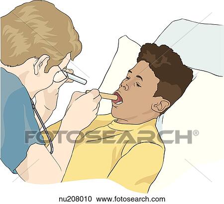 Clipart - Health care professional uses tongue depressor and small light to perform an oral examination on young adult.. Fotosearch