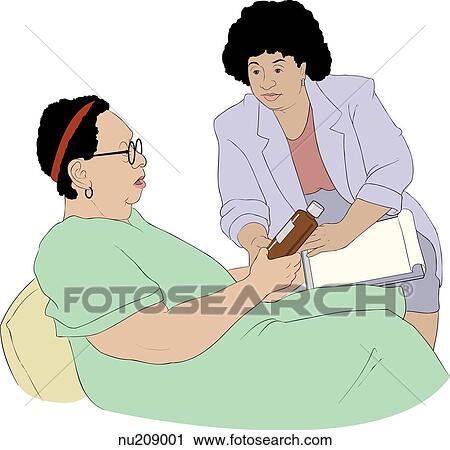 Health care professional with notebook on lap sitting with older woman. Client is speaking while looking at bottle of medicine. View Large Illustration Clip Art - Health care professional with notebook on lap sitting with older woman. Client is speaking while looking at bottle of medicine.. Fotosearch