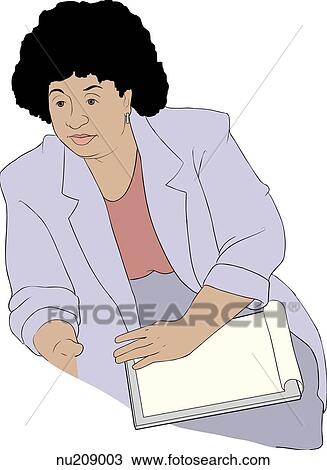 Health care professional with notebook on lap, sitting, looking attentive. View Large Illustration Drawing - Health care professional with notebook on lap, sitting, looking attentive.. Fotosearch